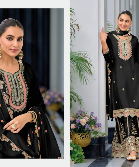 Real Chinon With Embroidery Designer Traditional Top Palazzo With Dupatta