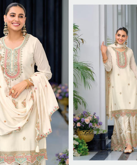 Real Chinon With Embroidery Designer Traditional Top Palazzo With Dupatta