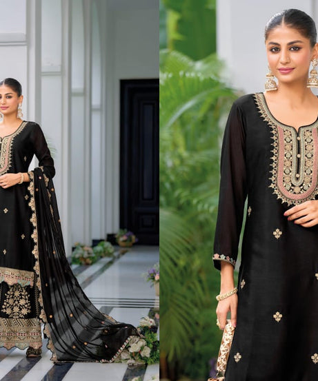 Real Chinon With Embroidery Designer Traditional Top Palazzo With Dupatta