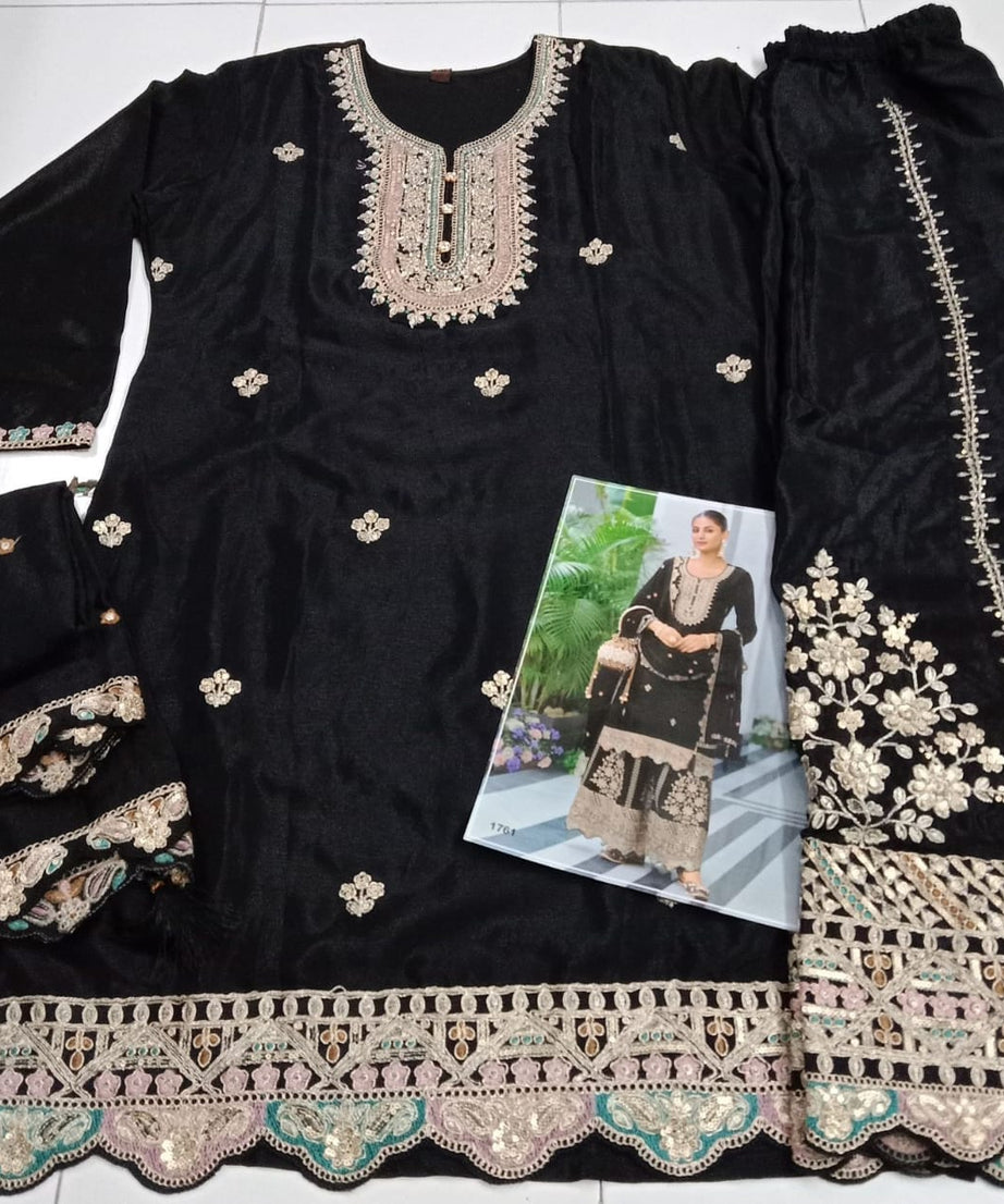 Real Chinon With Embroidery Designer Traditional Top Palazzo With Dupatta