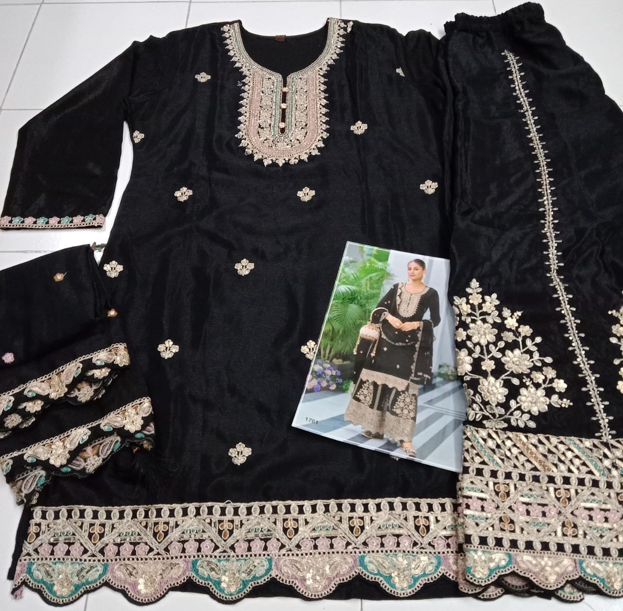 Real Chinon With Embroidery Designer Traditional Top Palazzo With Dupatta