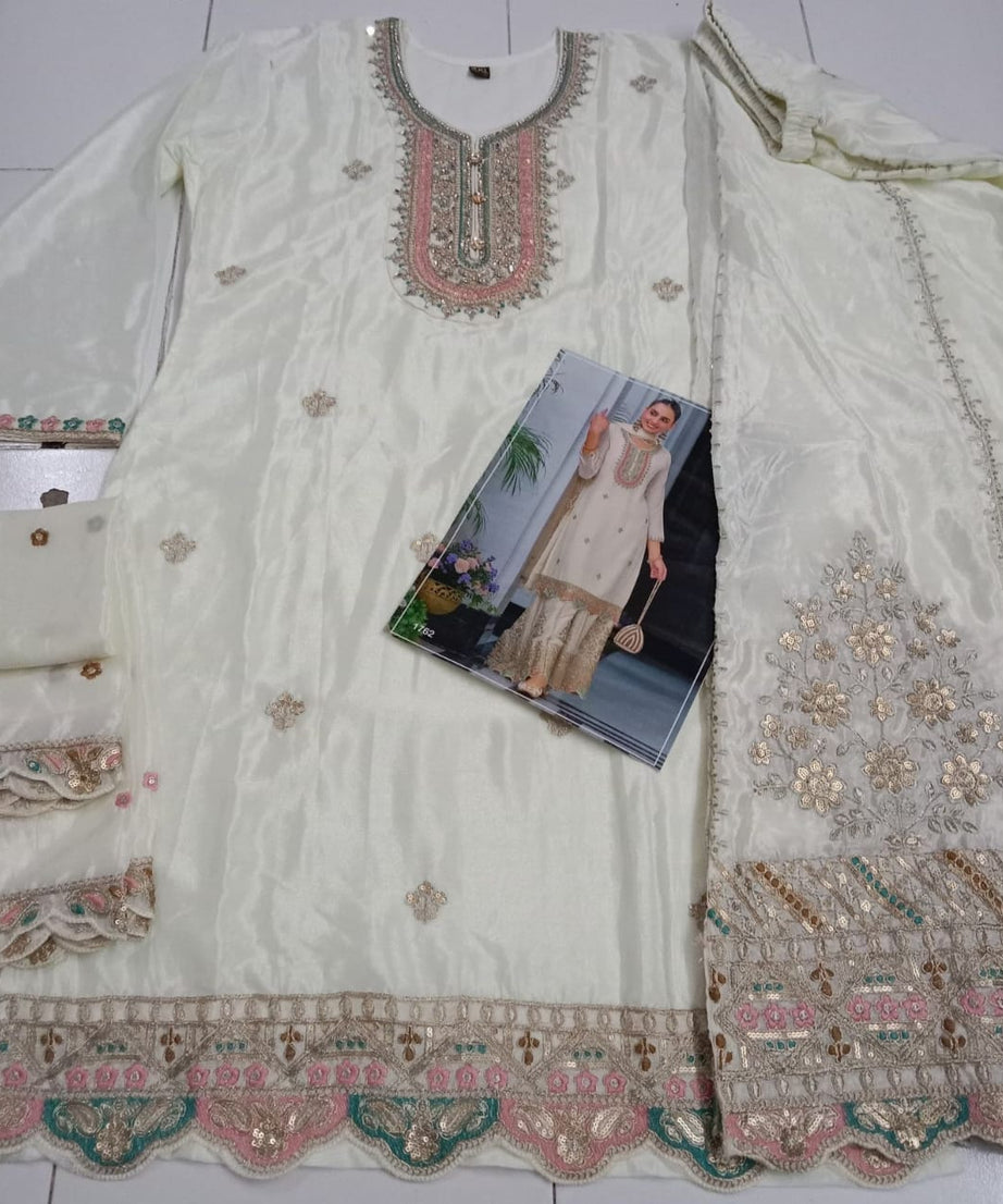 Real Chinon With Embroidery Designer Traditional Top Palazzo With Dupatta