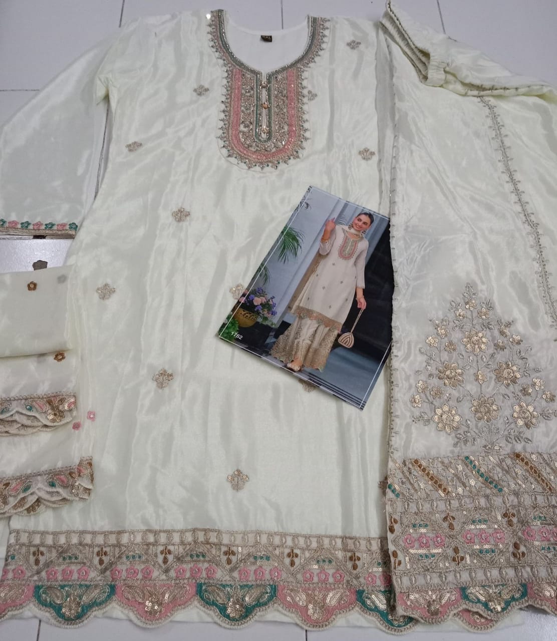 Real Chinon With Embroidery Designer Traditional Top Palazzo With Dupatta