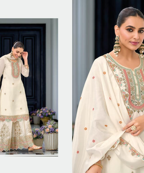 Real Chinon With Embroidery Designer Traditional Top Palazzo With Dupatta