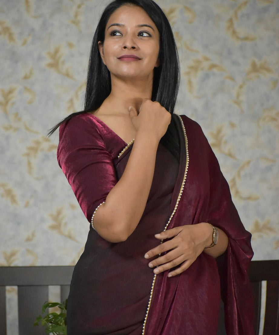 Pure Fendi Satin Simple Beautifull Traditional Wear Sari With Blouse