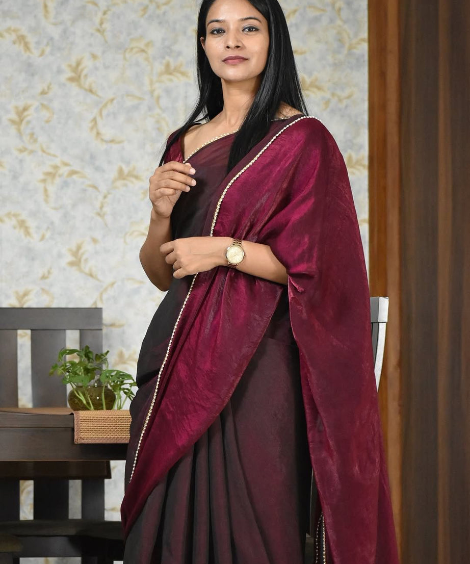 Pure Fendi Satin Simple Beautifull Traditional Wear Sari With Blouse