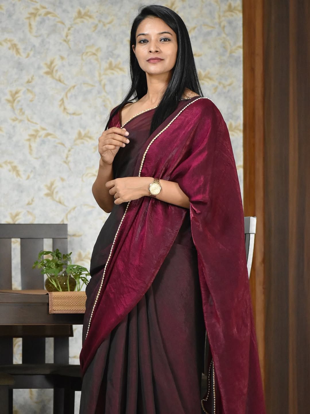 Pure Fendi Satin Simple Beautifull Traditional Wear Sari With Blouse