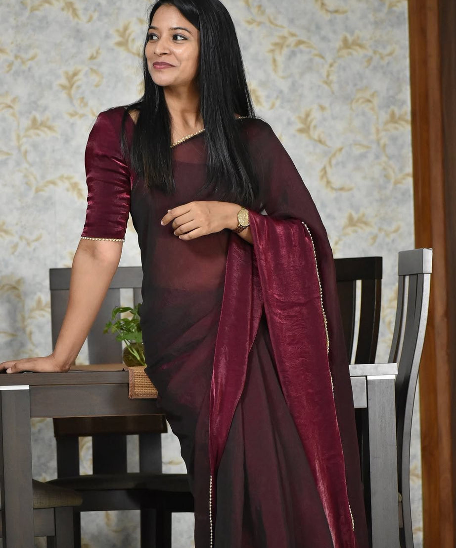 Pure Fendi Satin Simple Beautifull Traditional Wear Sari With Blouse