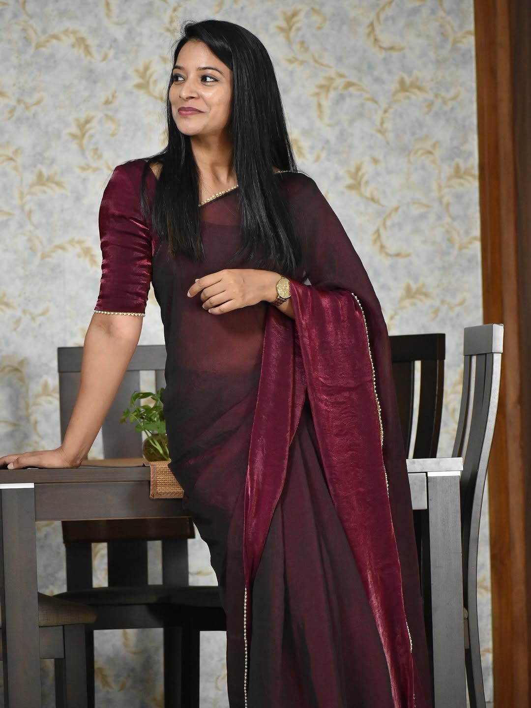 Pure Fendi Satin Simple Beautifull Traditional Wear Sari With Blouse