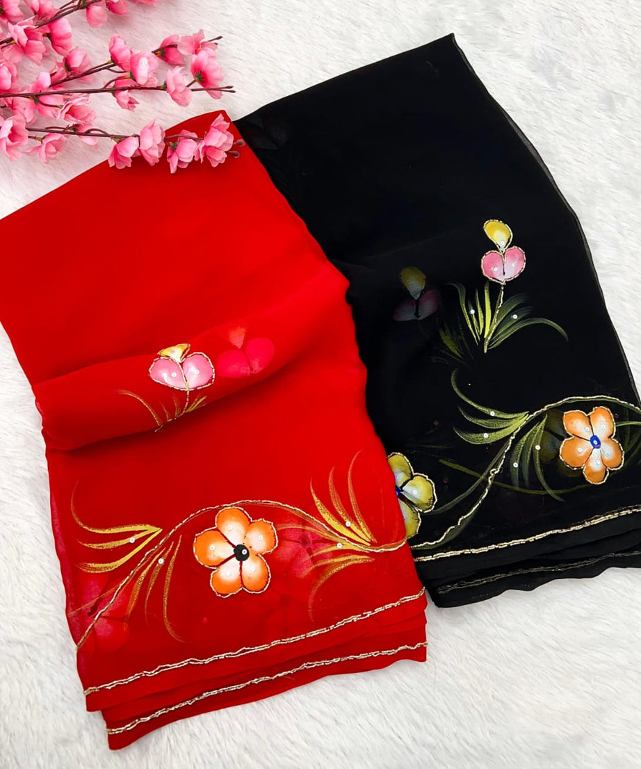 Soft Pure Georgette Flowers Design Beautiful Sari With Blouse