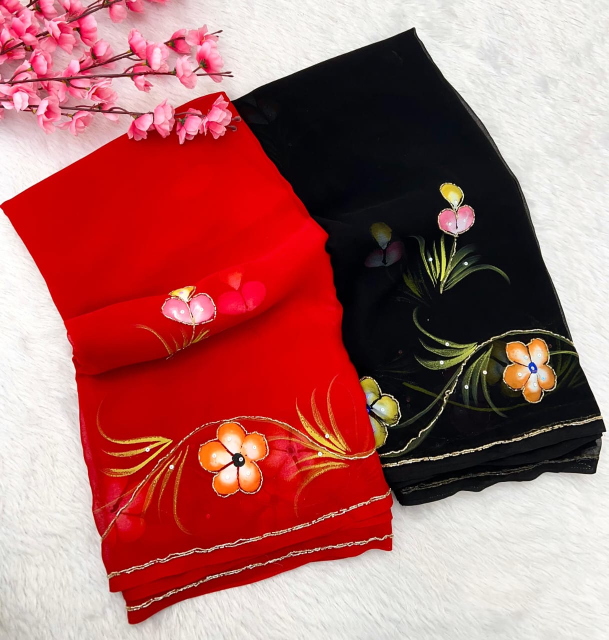 Soft Pure Georgette Flowers Design Beautiful Sari With Blouse