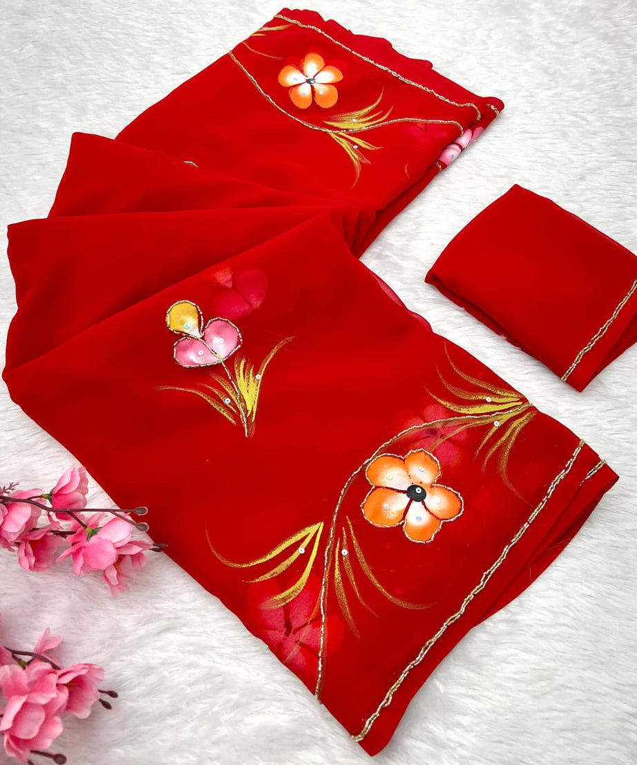 Soft Pure Georgette Flowers Design Beautiful Sari With Blouse