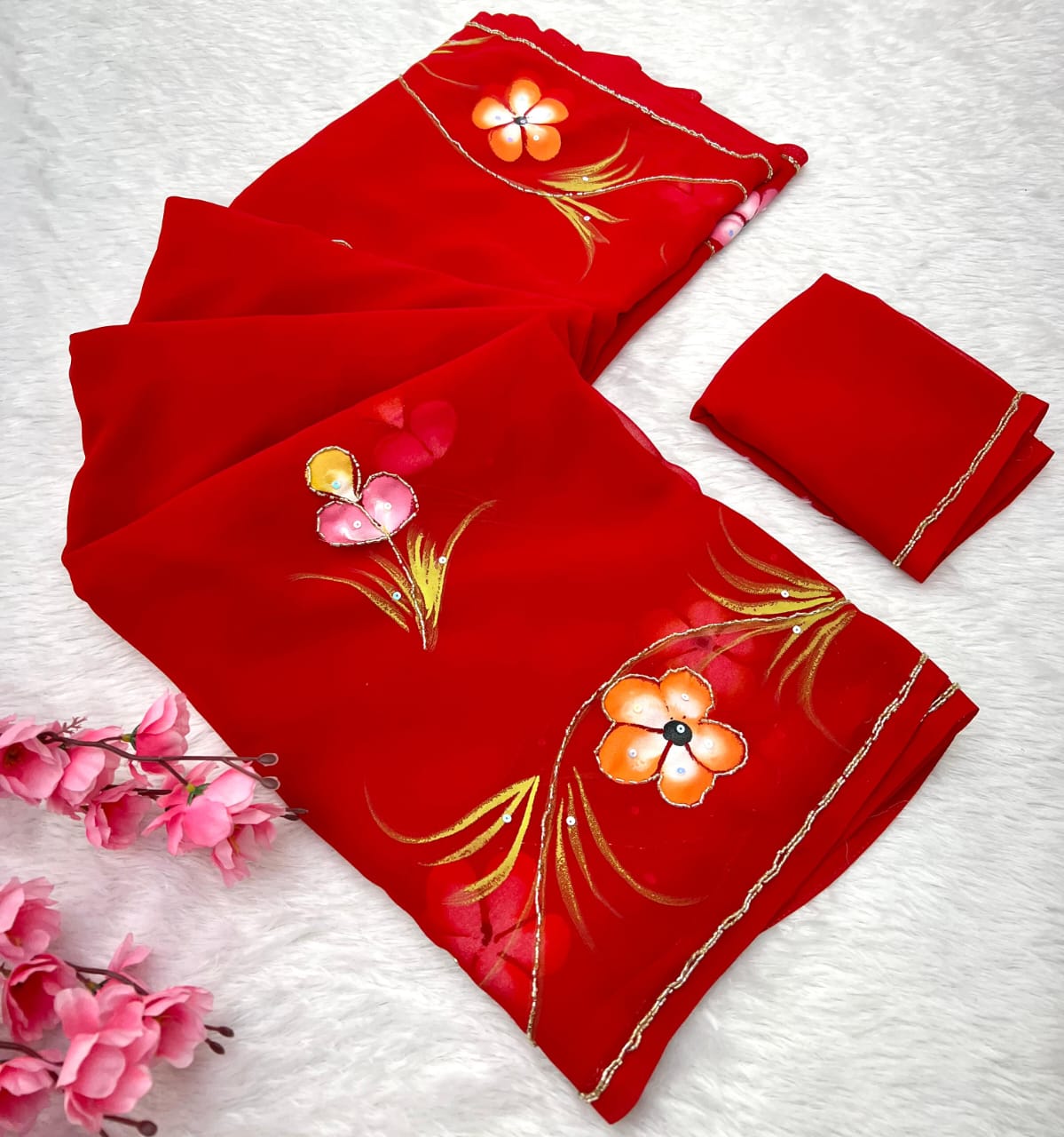 Soft Pure Georgette Flowers Design Beautiful Sari With Blouse