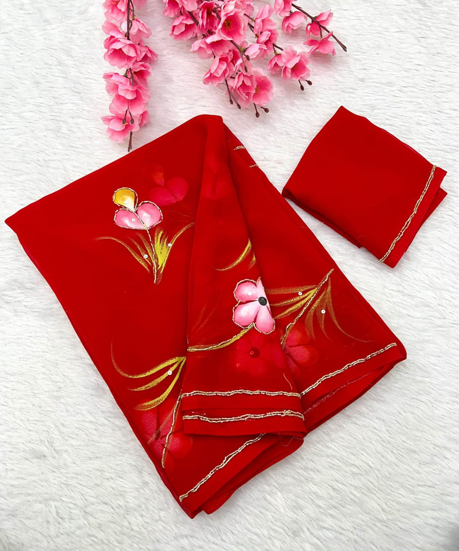 Soft Pure Georgette Flowers Design Beautiful Sari With Blouse