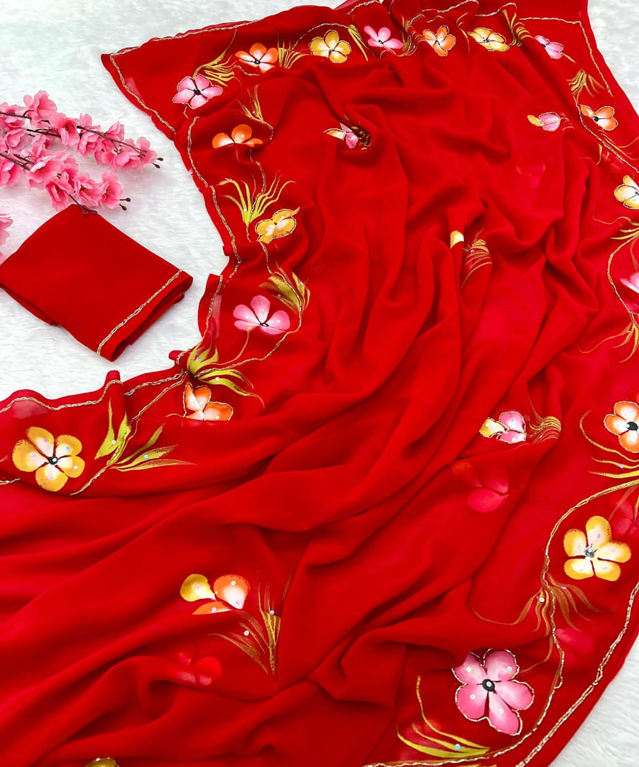 Soft Pure Georgette Flowers Design Beautiful Sari With Blouse