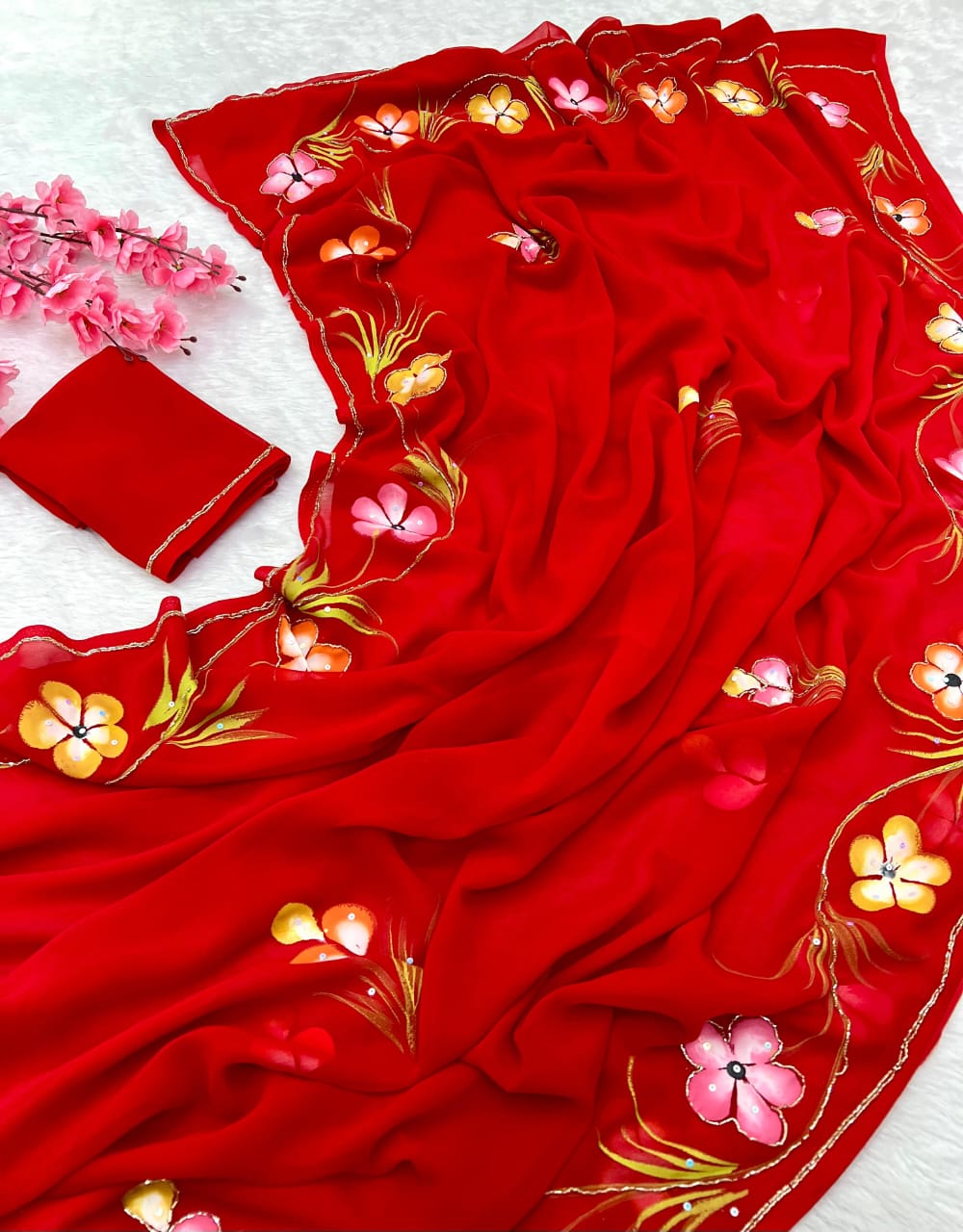 Soft Pure Georgette Flowers Design Beautiful Sari With Blouse