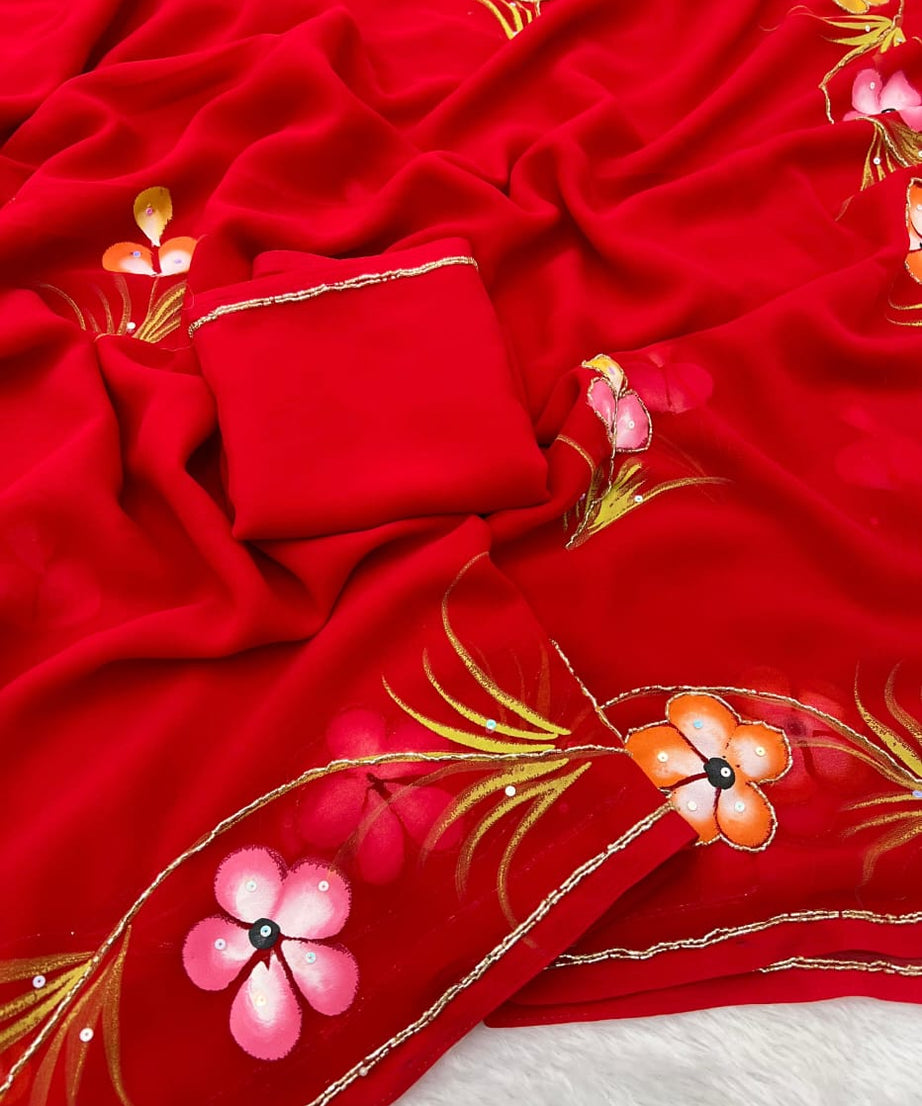 Soft Pure Georgette Flowers Design Beautiful Sari With Blouse