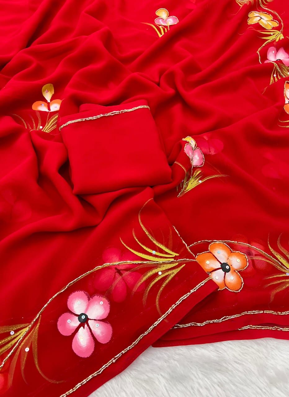 Soft Pure Georgette Flowers Design Beautiful Sari With Blouse