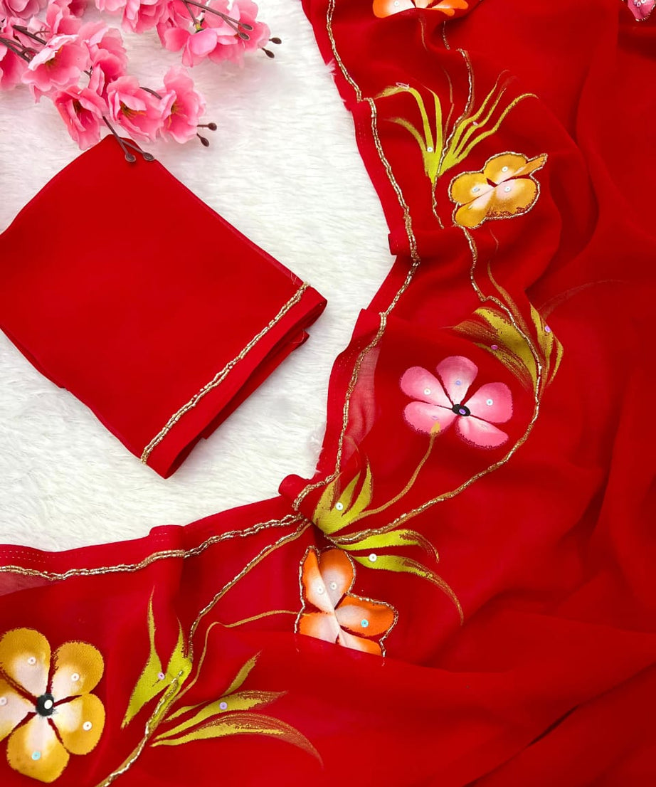 Soft Pure Georgette Flowers Design Beautiful Sari With Blouse