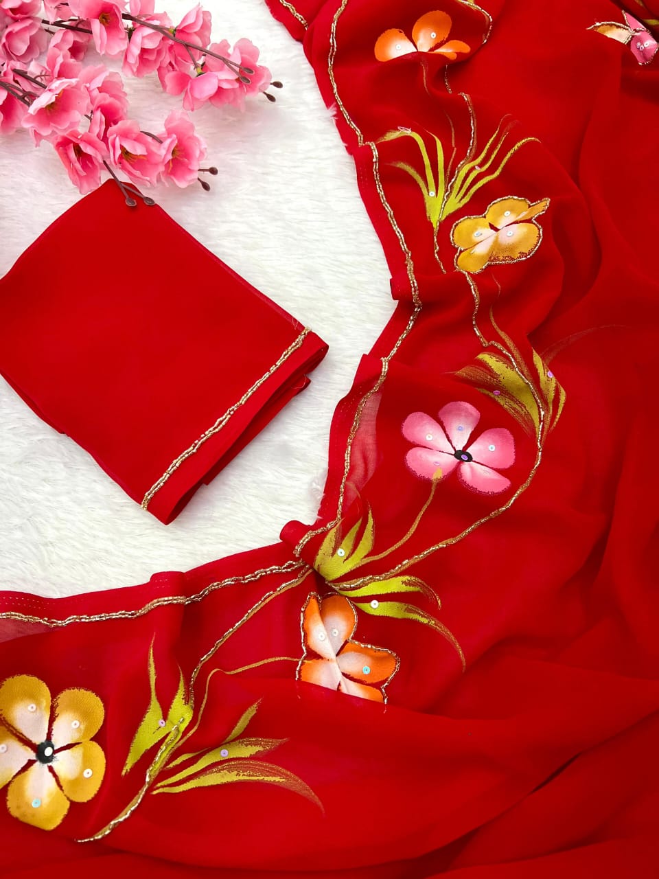 Soft Pure Georgette Flowers Design Beautiful Sari With Blouse