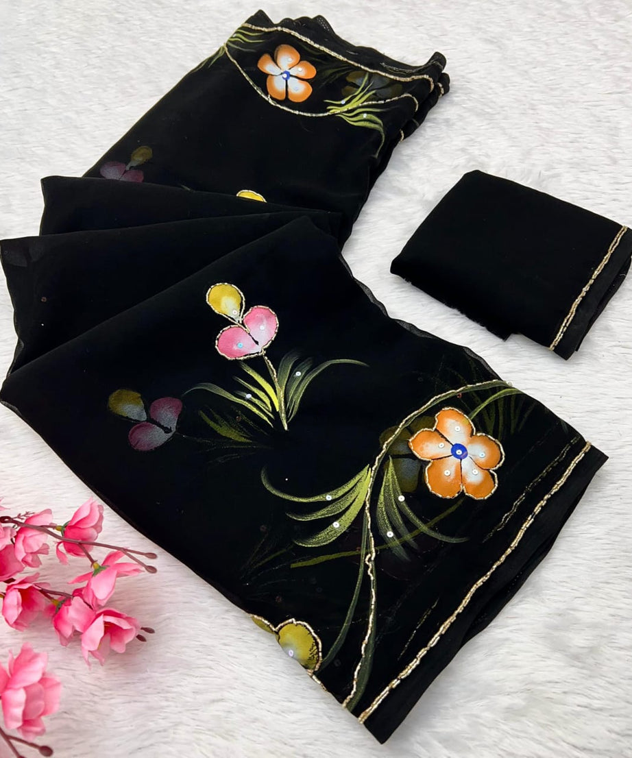 Soft Pure Georgette Flowers Design Beautiful Sari With Blouse