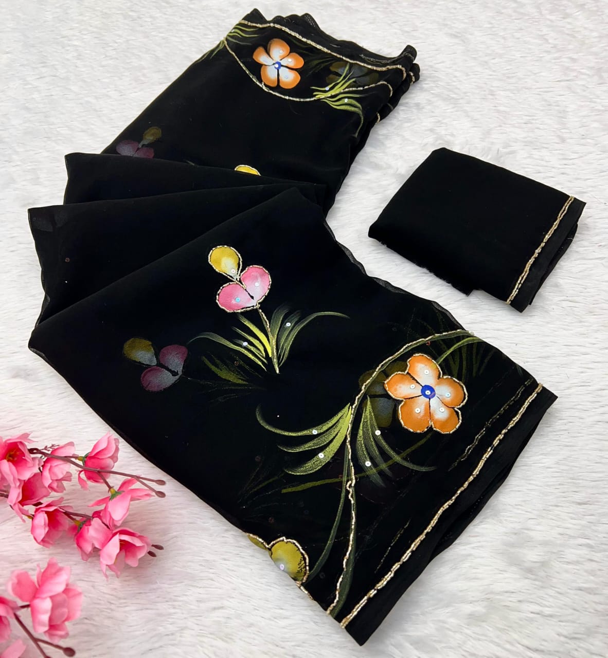 Soft Pure Georgette Flowers Design Beautiful Sari With Blouse