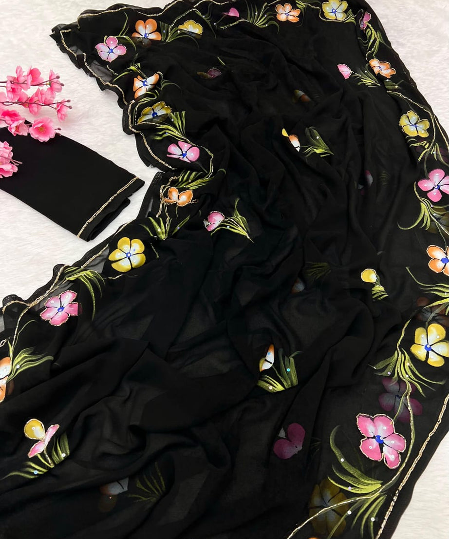 Soft Pure Georgette Flowers Design Beautiful Sari With Blouse