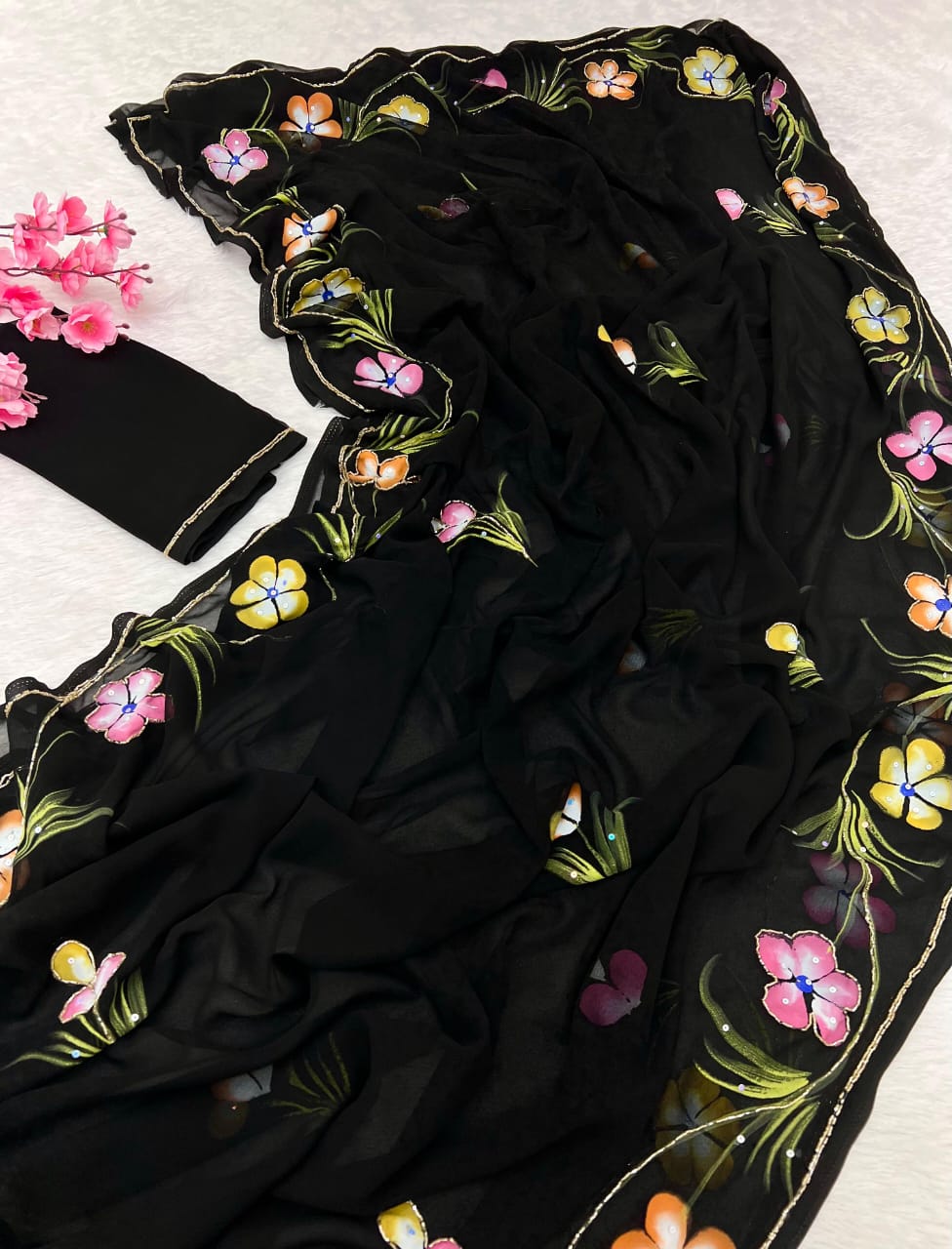 Soft Pure Georgette Flowers Design Beautiful Sari With Blouse