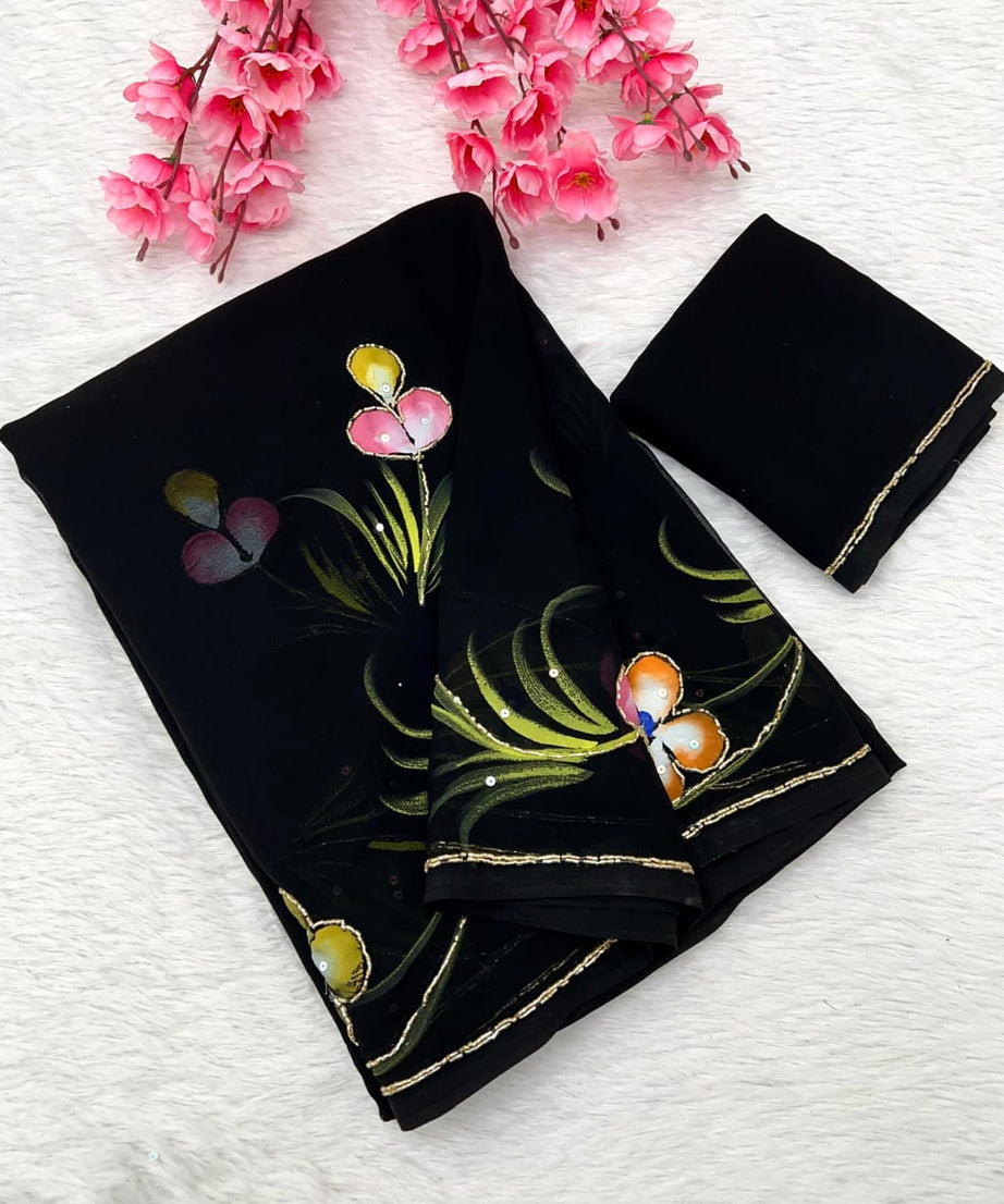 Soft Pure Georgette Flowers Design Beautiful Sari With Blouse