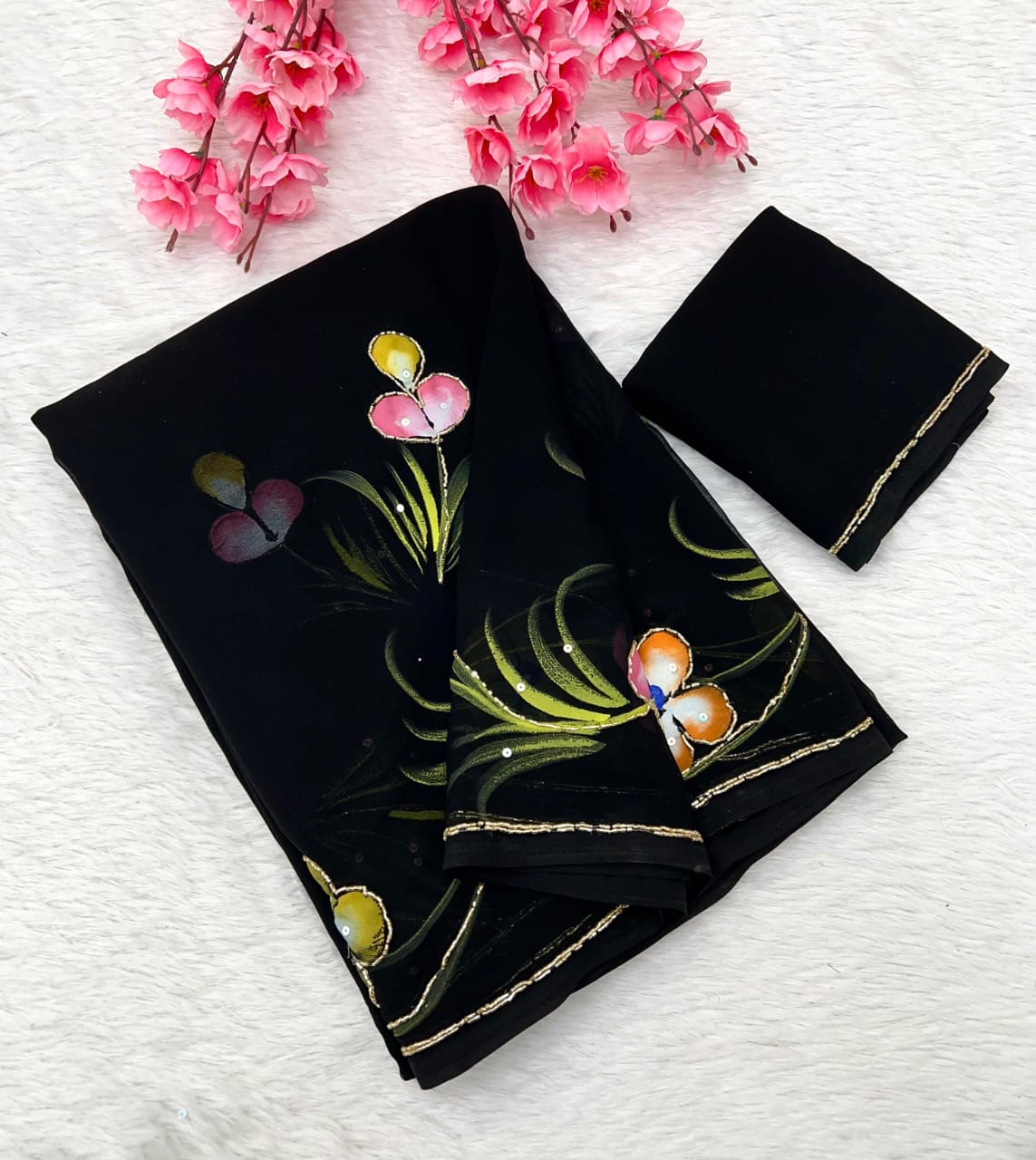 Soft Pure Georgette Flowers Design Beautiful Sari With Blouse