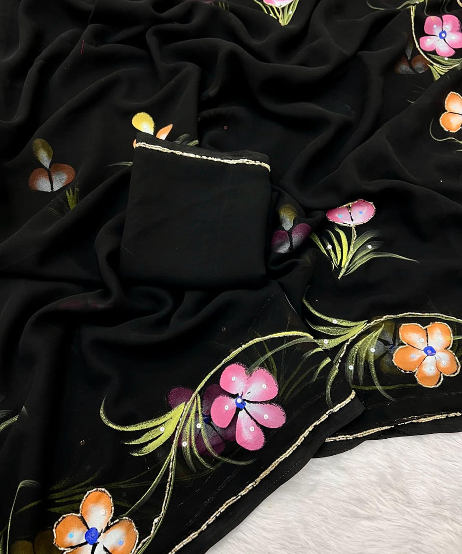 Soft Pure Georgette Flowers Design Beautiful Sari With Blouse