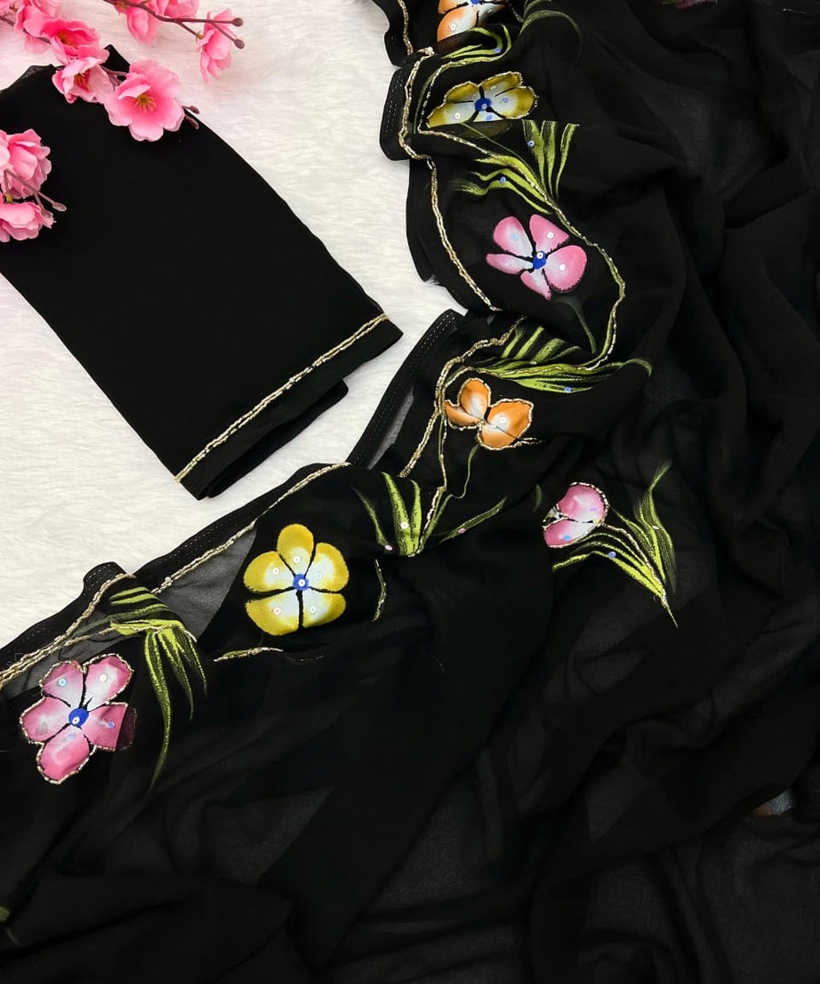 Soft Pure Georgette Flowers Design Beautiful Sari With Blouse