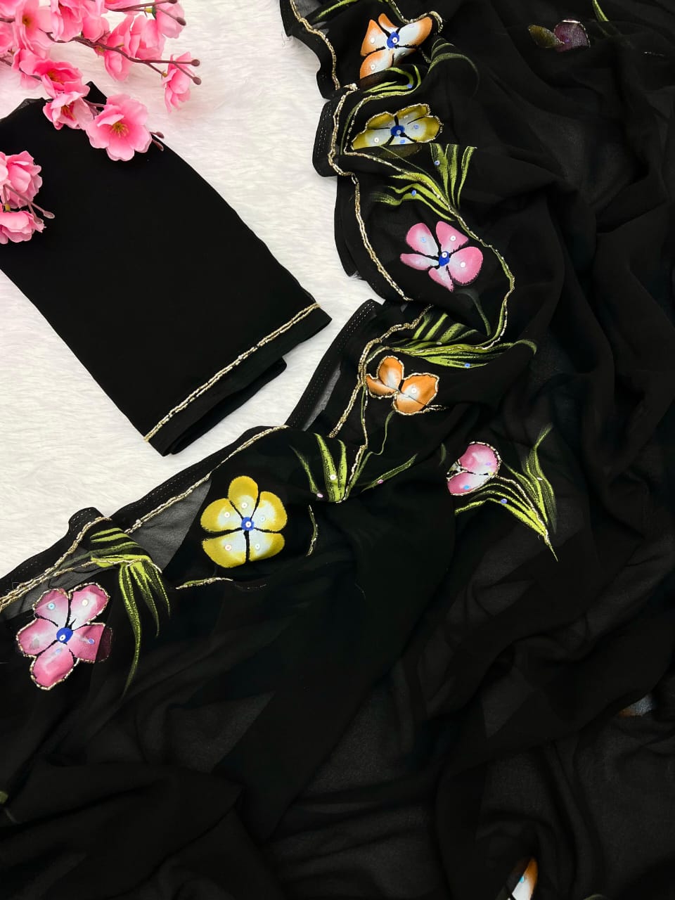 Soft Pure Georgette Flowers Design Beautiful Sari With Blouse