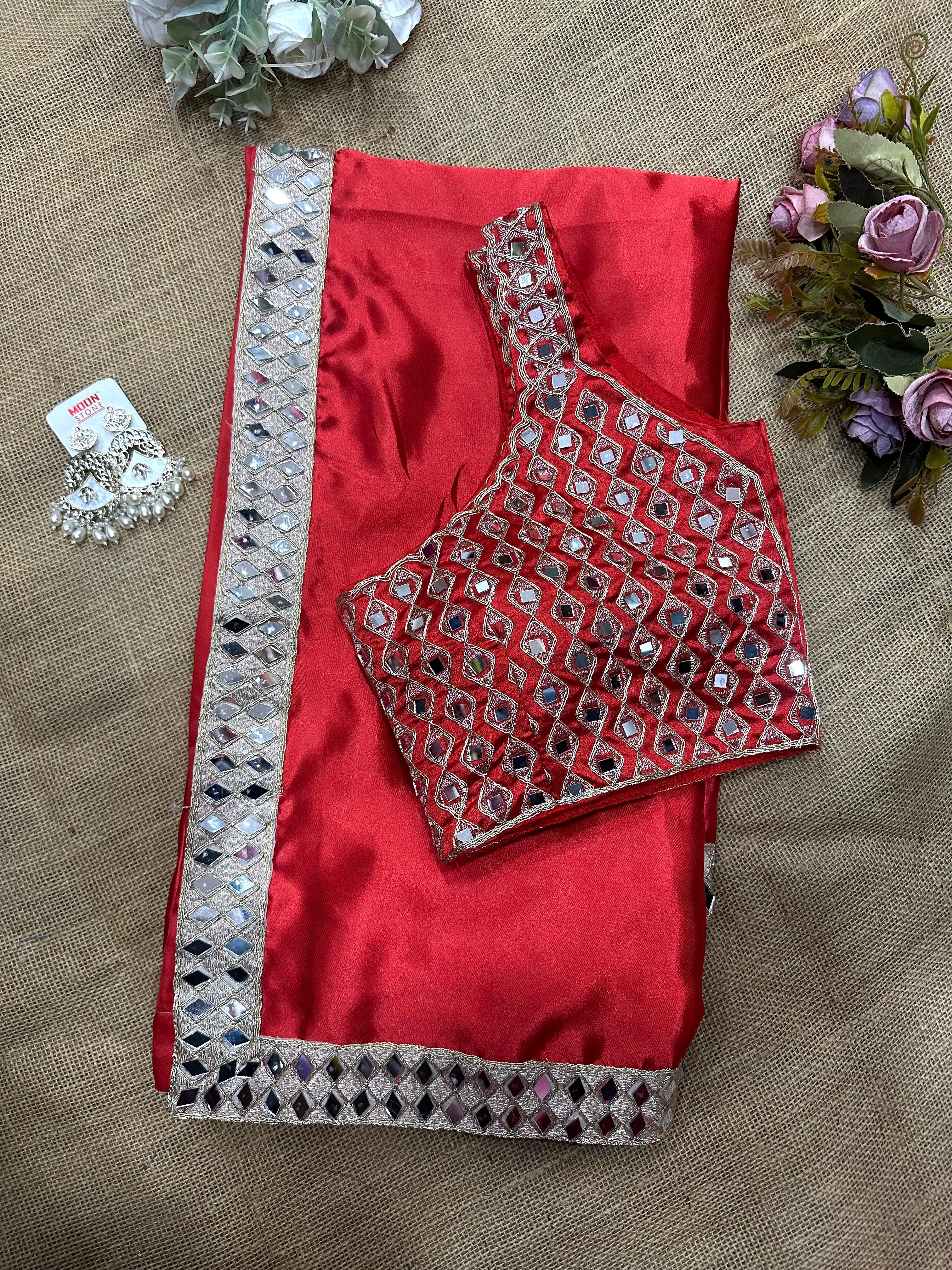 Beautiful Stylish Bollywood Pure Silk Sari, Mirror Work Saree With Blouse