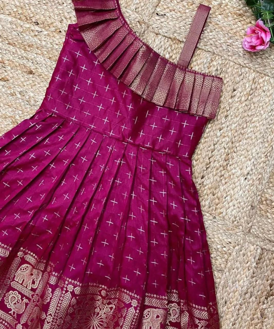 Heavy Jacquard Paithani Silk Wedding Classic Stitched Gown For Girls & Kids