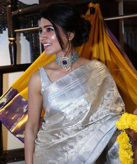Soft Tissue Silk Saree Traditional Wear Designer Silver Saree With Blouse