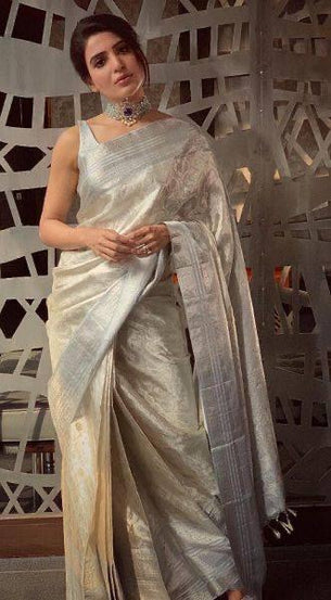 Soft Tissue Silk Saree Traditional Wear Designer Silver Saree With Blouse