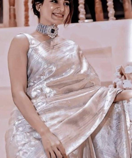 Soft Tissue Silk Saree Traditional Wear Designer Silver Saree With Blouse