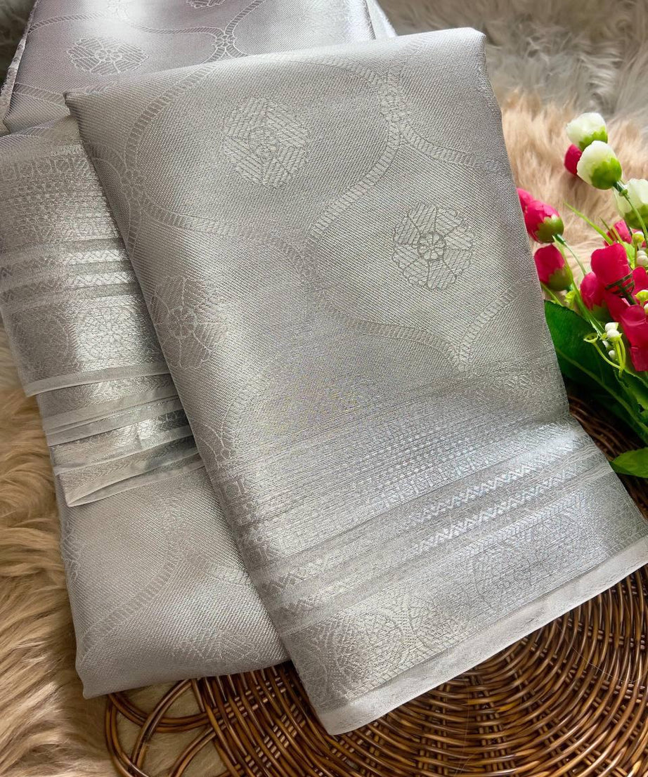 Soft Tissue Silk Saree Traditional Wear Designer Silver Saree With Blouse
