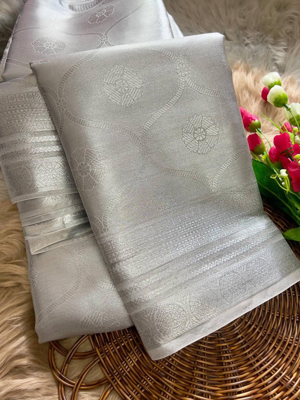 Soft Tissue Silk Saree Traditional Wear Designer Silver Saree With Blouse