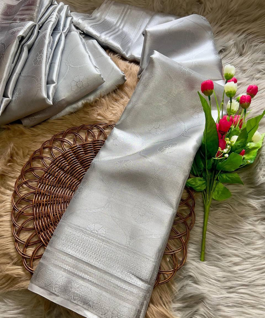 Soft Tissue Silk Saree Traditional Wear Designer Silver Saree With Blouse