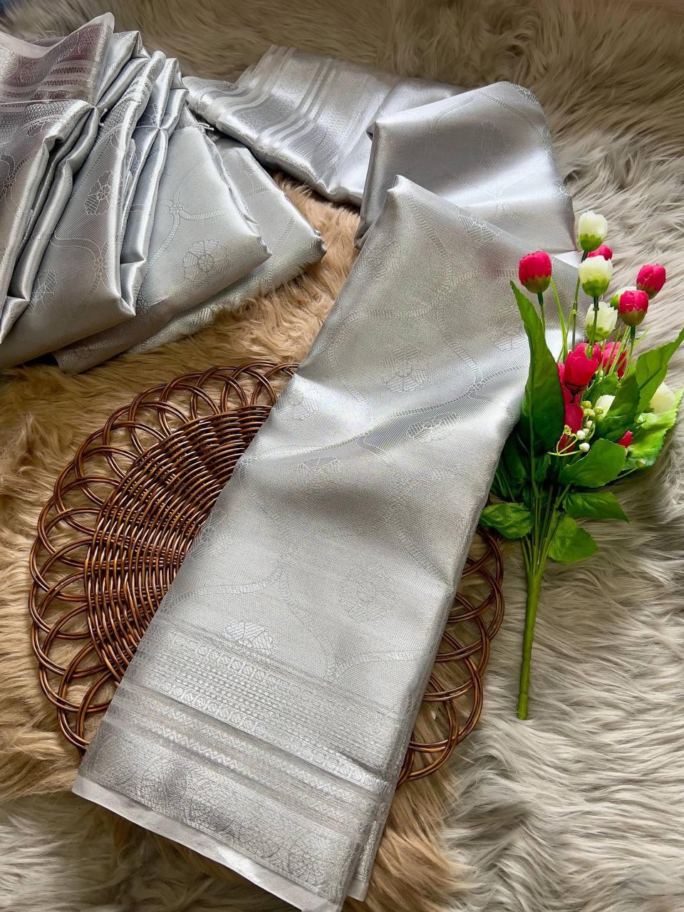 Soft Tissue Silk Saree Traditional Wear Designer Silver Saree With Blouse