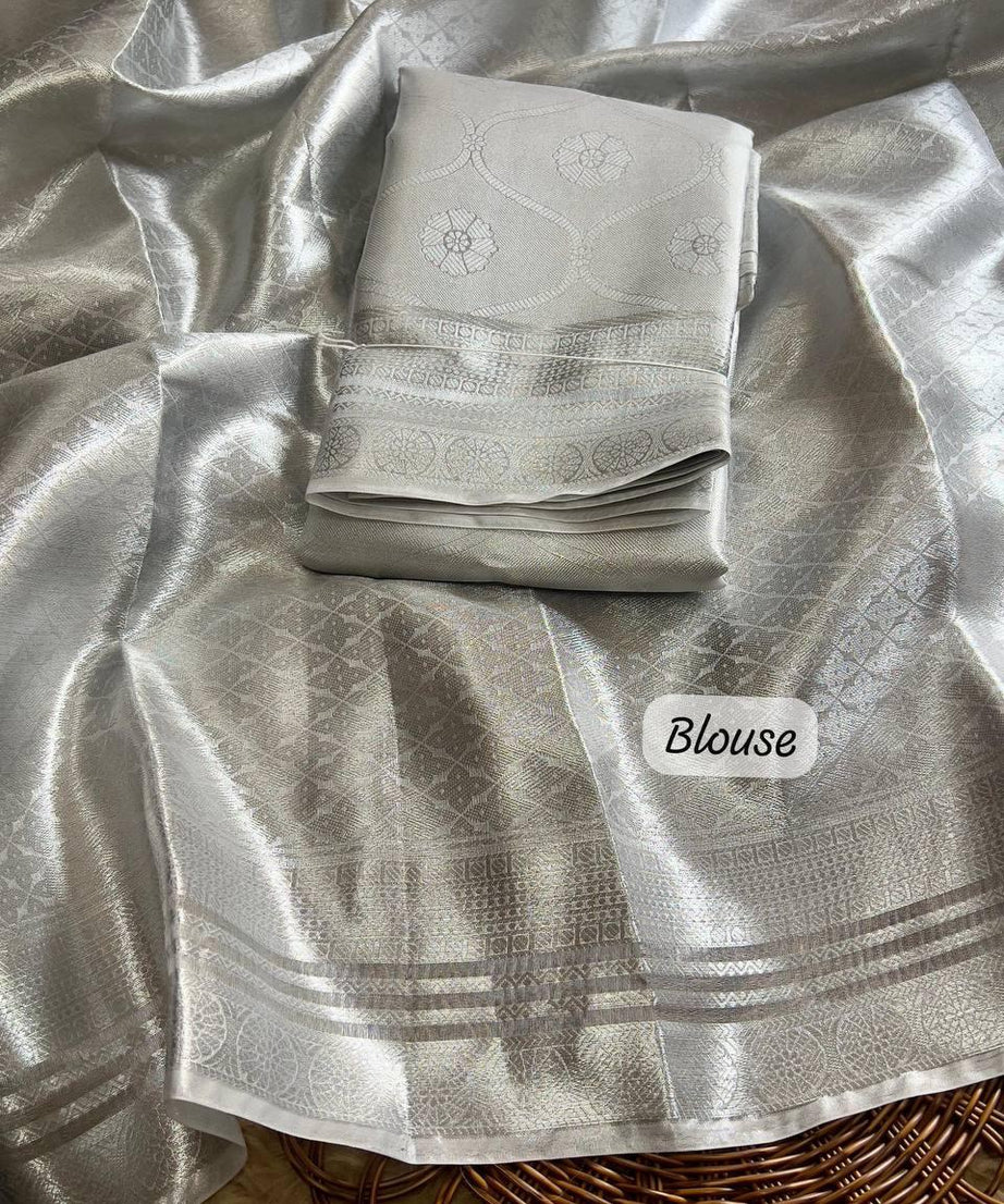 Soft Tissue Silk Saree Traditional Wear Designer Silver Saree With Blouse