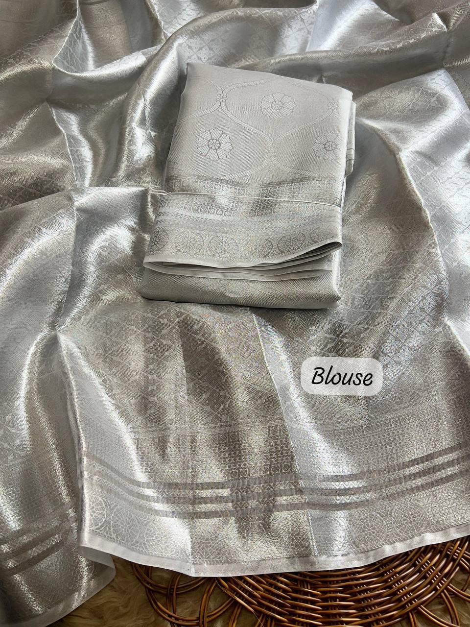 Soft Tissue Silk Saree Traditional Wear Designer Silver Saree With Blouse