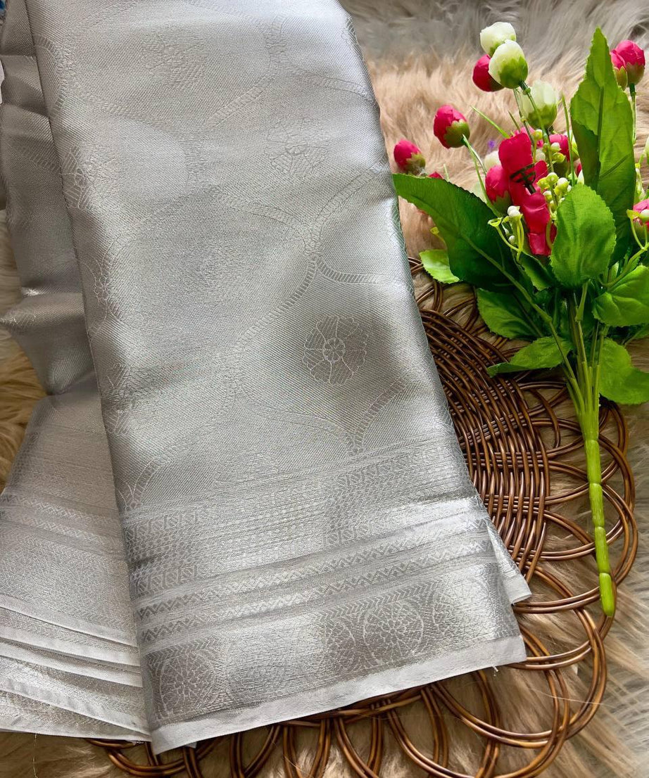 Soft Tissue Silk Saree Traditional Wear Designer Silver Saree With Blouse