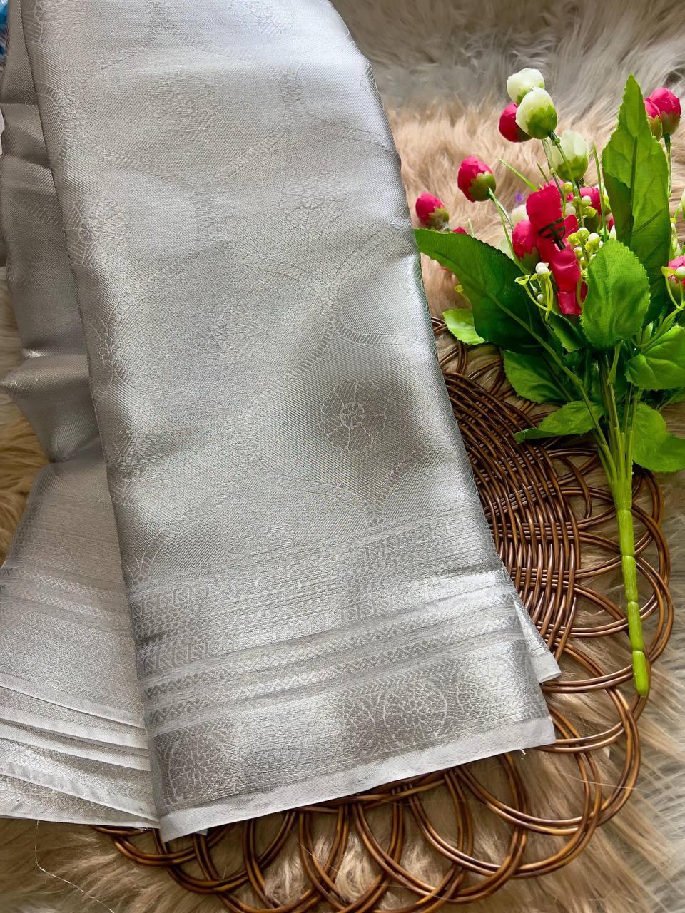Soft Tissue Silk Saree Traditional Wear Designer Silver Saree With Blouse