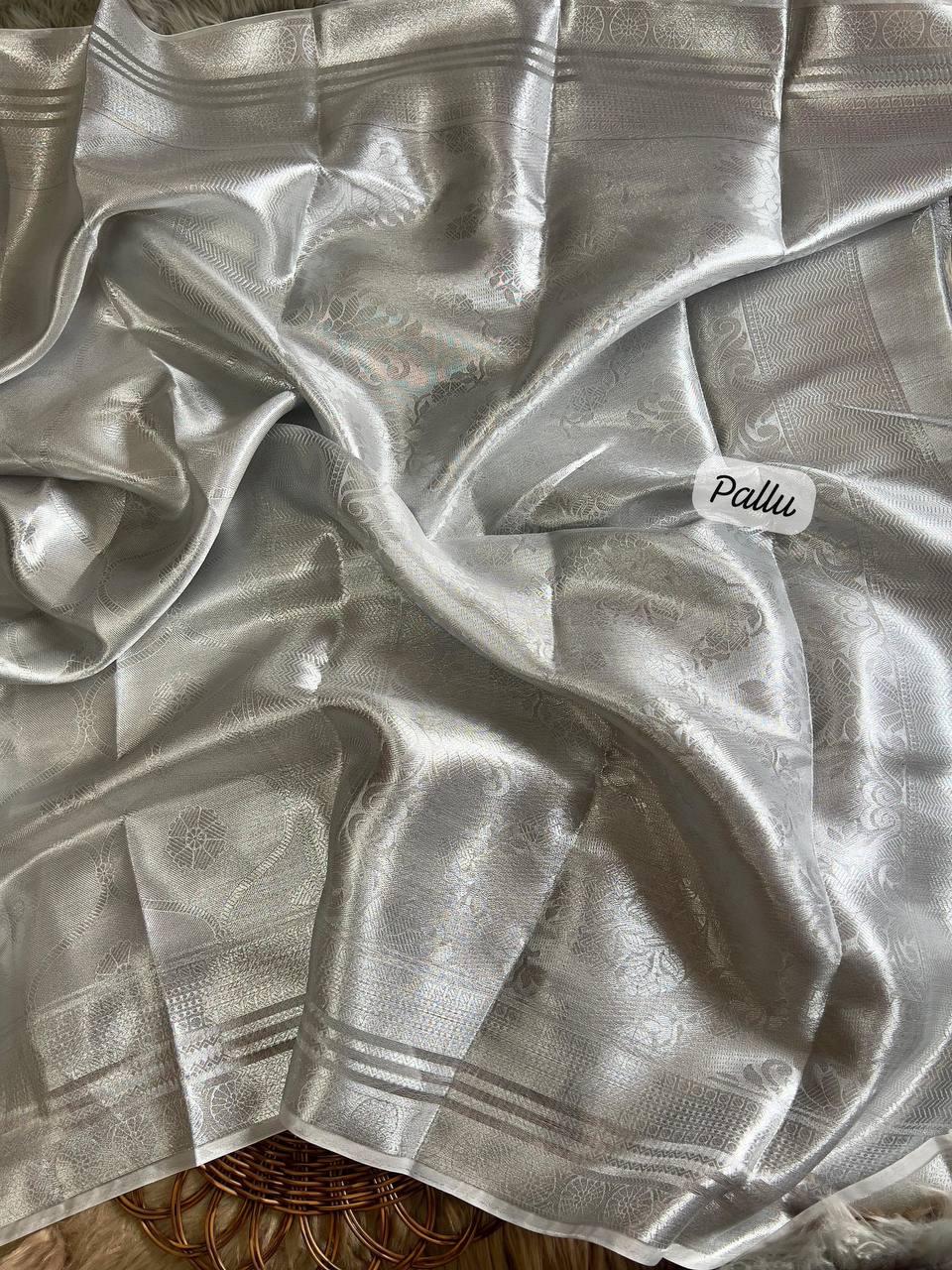 Soft Tissue Silk Saree Traditional Wear Designer Silver Saree With Blouse