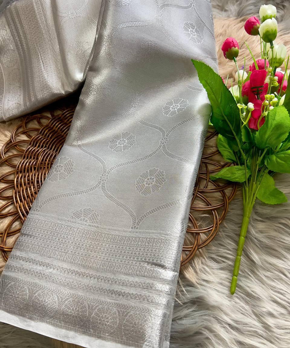 Soft Tissue Silk Saree Traditional Wear Designer Silver Saree With Blouse