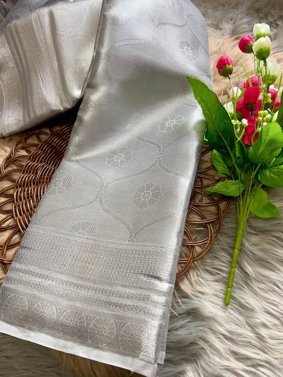 Soft Tissue Silk Saree Traditional Wear Designer Silver Saree With Blouse