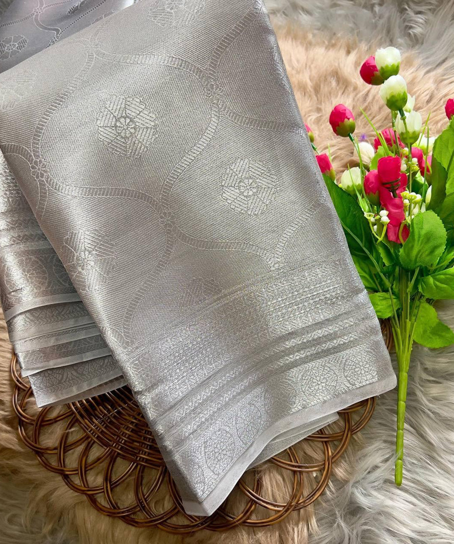 Soft Tissue Silk Saree Traditional Wear Designer Silver Saree With Blouse